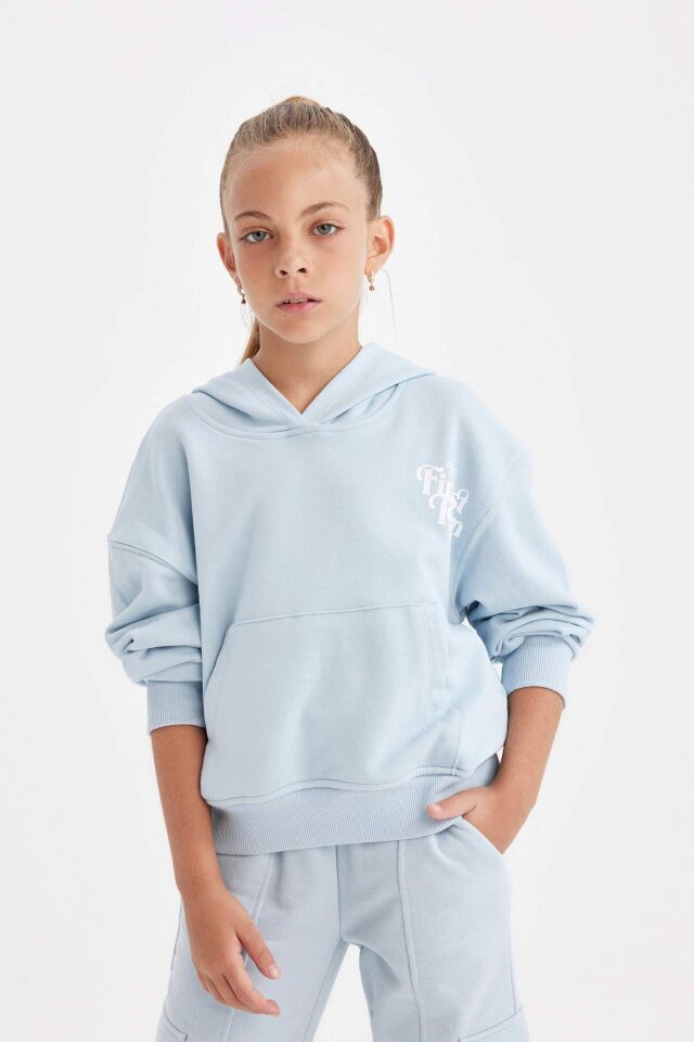 Kız Çocuk Cepli Kapüşonlu Baskılı Okul Sweatshirt