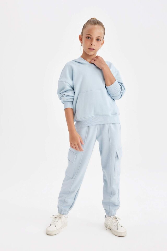 Kız Çocuk Cepli Kapüşonlu Baskılı Okul Sweatshirt