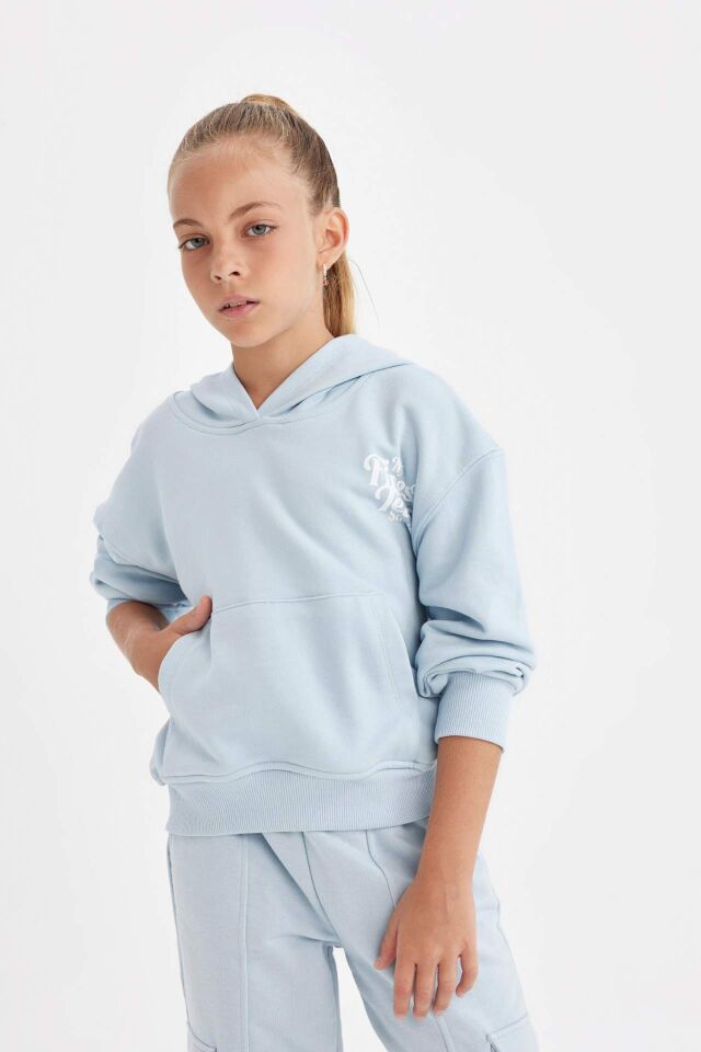 Kız Çocuk Cepli Kapüşonlu Baskılı Okul Sweatshirt
