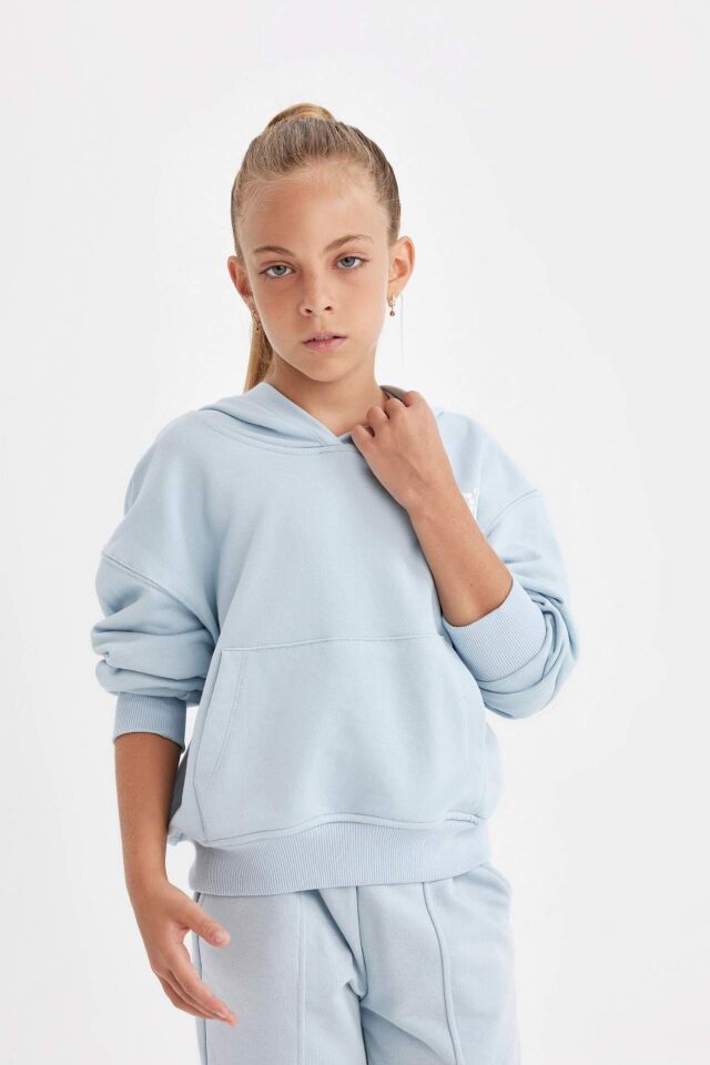 Kız Çocuk Cepli Kapüşonlu Baskılı Okul Sweatshirt