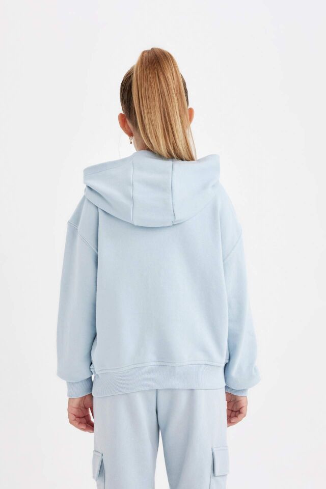 Kız Çocuk Cepli Kapüşonlu Baskılı Okul Sweatshirt