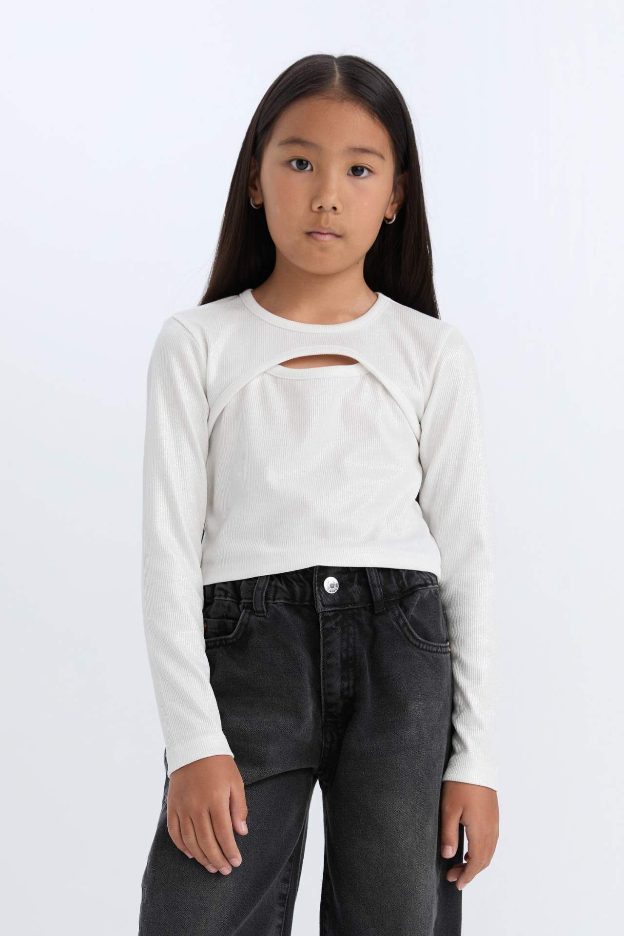 Kız Çocuk Slim Fit Dar Kesim Bisiklet Yaka Parlak Kumaş Fitilli Kaşkorse Uzun Kollu Tişört