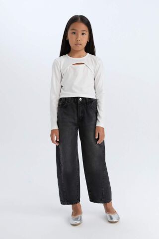 Kız Çocuk Slim Fit Dar Kesim Bisiklet Yaka Parlak Kumaş Fitilli Kaşkorse Uzun Kollu Tişört