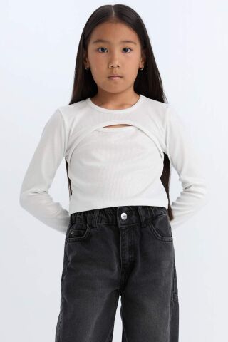 Kız Çocuk Slim Fit Dar Kesim Bisiklet Yaka Parlak Kumaş Fitilli Kaşkorse Uzun Kollu Tişört