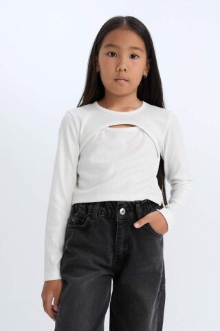 Kız Çocuk Slim Fit Dar Kesim Bisiklet Yaka Parlak Kumaş Fitilli Kaşkorse Uzun Kollu Tişört
