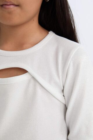 Kız Çocuk Slim Fit Dar Kesim Bisiklet Yaka Parlak Kumaş Fitilli Kaşkorse Uzun Kollu Tişört