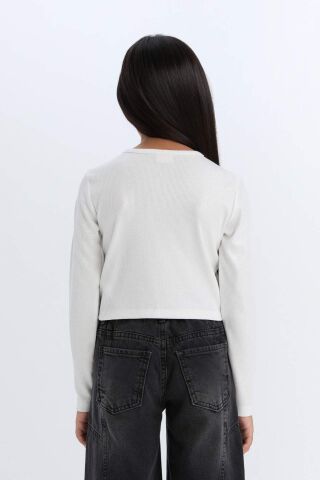 Kız Çocuk Slim Fit Dar Kesim Bisiklet Yaka Parlak Kumaş Fitilli Kaşkorse Uzun Kollu Tişört
