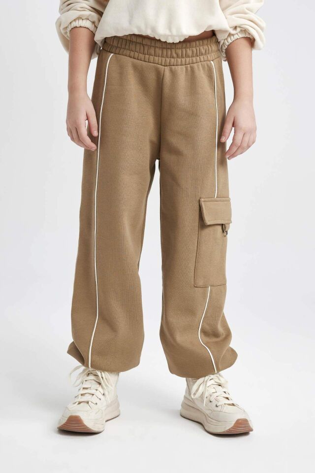 Kız Çocuk Loose Fit Kalın Kargo Cepli Beli ve Paçası Lastikli Jogger Eşofman Altı