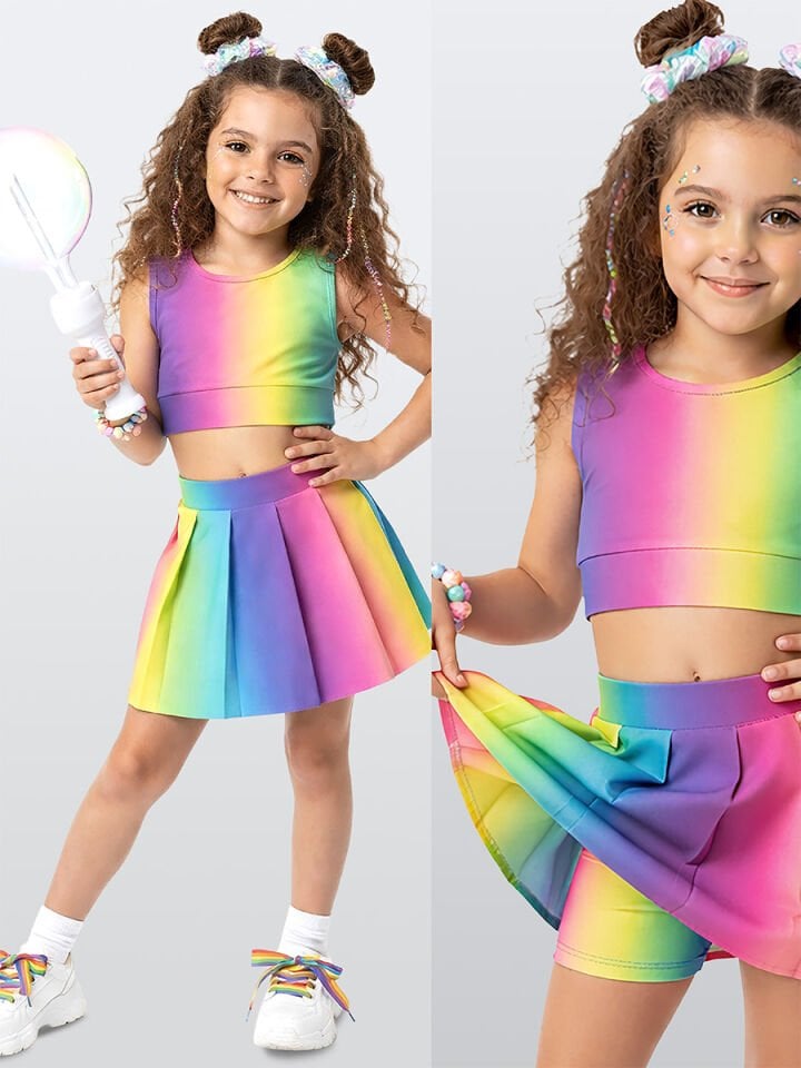 Renkli Kız Çocuk Spor Şort Etek Crop Atlet Takım