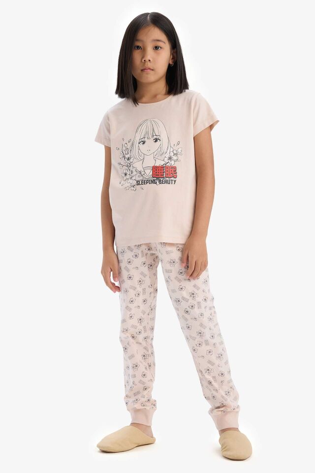 Kız Çocuk Pijama Takımı Baskılı Kısa Kollu Üst Beli Lastikli Uzun Alt