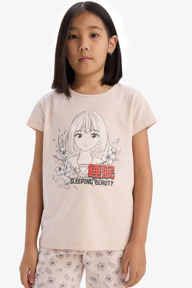 Kız Çocuk Pijama Takımı Baskılı Kısa Kollu Üst Beli Lastikli Uzun Alt