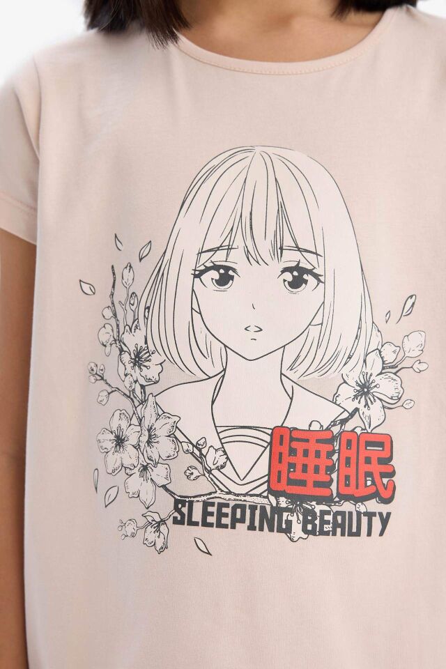Kız Çocuk Pijama Takımı Baskılı Kısa Kollu Üst Beli Lastikli Uzun Alt