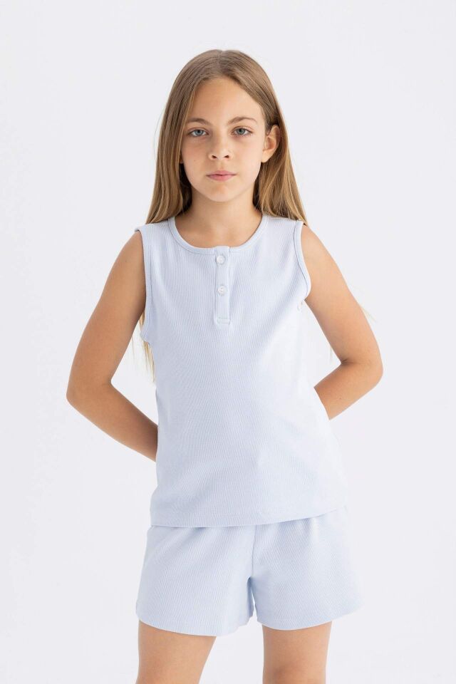 Kız Çocuk Pijama Takımı Fitilli Kaşkorse Atlet Şort