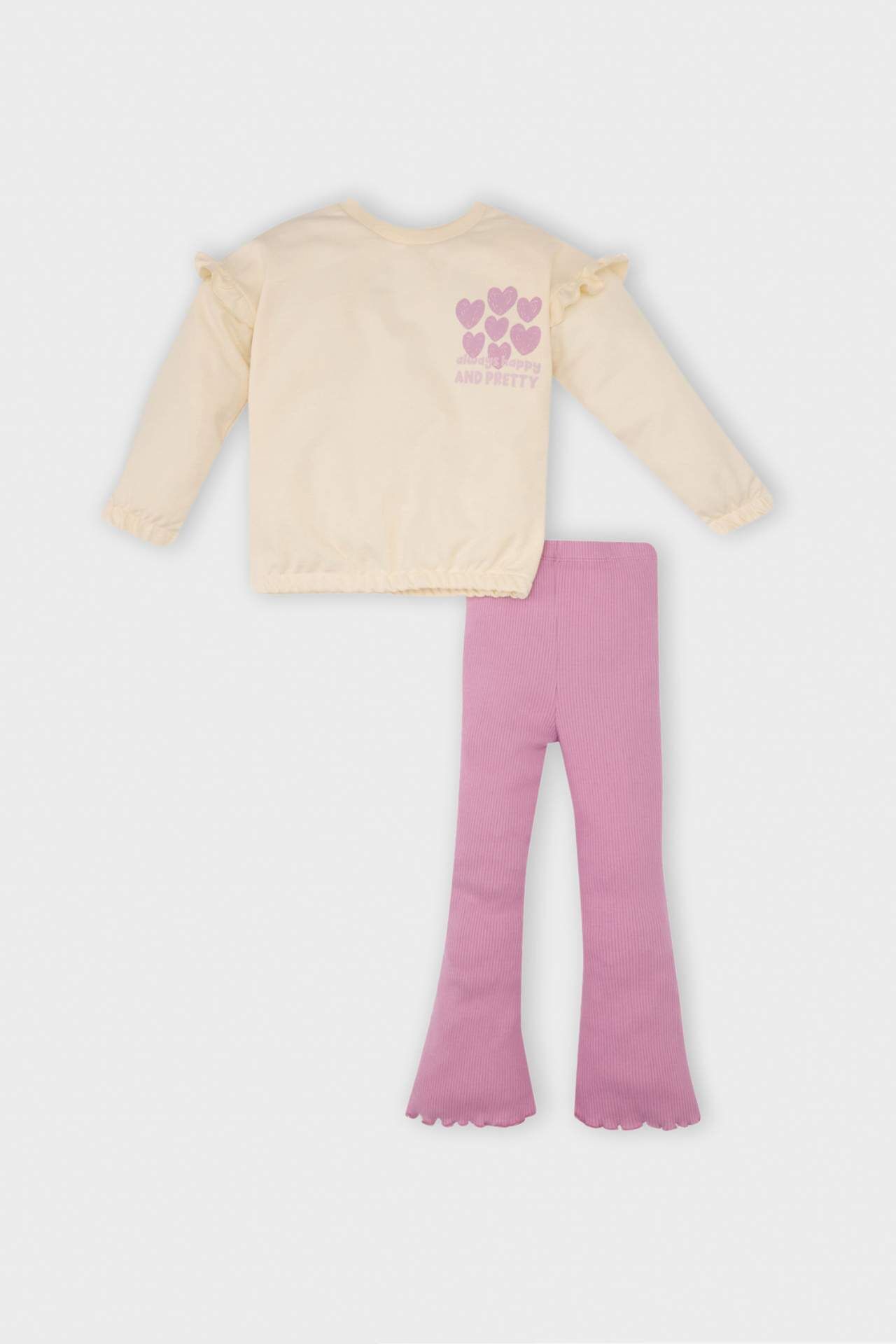 Kız Bebek 2'li Takım Kalp Desenli Bisiklet Yaka Sweatshirt Üst Beli Lastikli İspanyol Paça Tayt