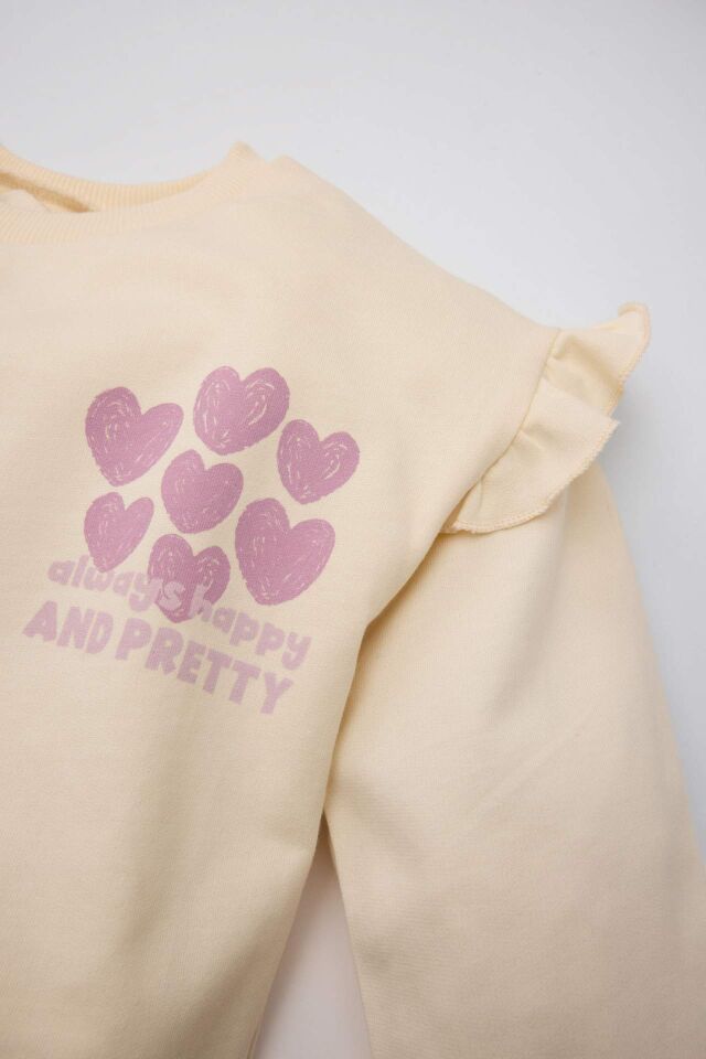 Kız Bebek 2'li Takım Kalp Desenli Bisiklet Yaka Sweatshirt Üst Beli Lastikli İspanyol Paça Tayt