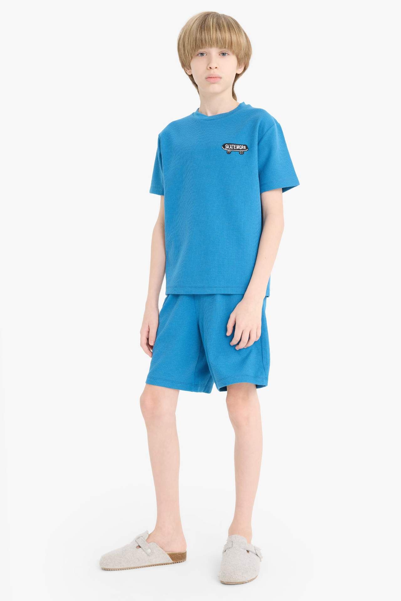 Erkek Çocuk Waffle Pijama Takımı Kısa Kollu Üst Beli Lastikli Şort