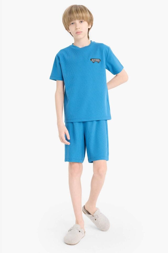 Erkek Çocuk Waffle Pijama Takımı Kısa Kollu Üst Beli Lastikli Şort