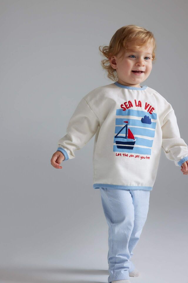 Erkek Bebek 2'li Takım Bisiklet Yaka Baskılı Sweatshirt Çizgili Alt