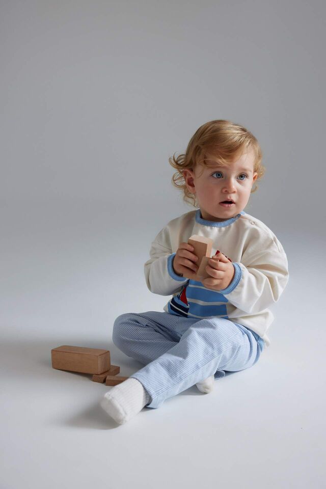 Erkek Bebek 2'li Takım Bisiklet Yaka Baskılı Sweatshirt Çizgili Alt
