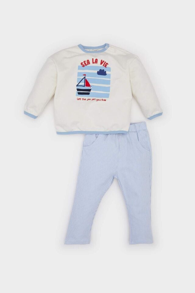 Erkek Bebek 2'li Takım Bisiklet Yaka Baskılı Sweatshirt Çizgili Alt