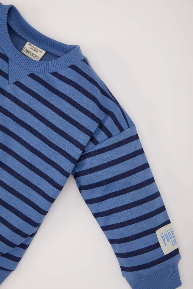 Erkek Bebek 2'li Takım Bisiklet Yaka Çizgili Sweatshirt Beli Lastikli Eşofman Altı
