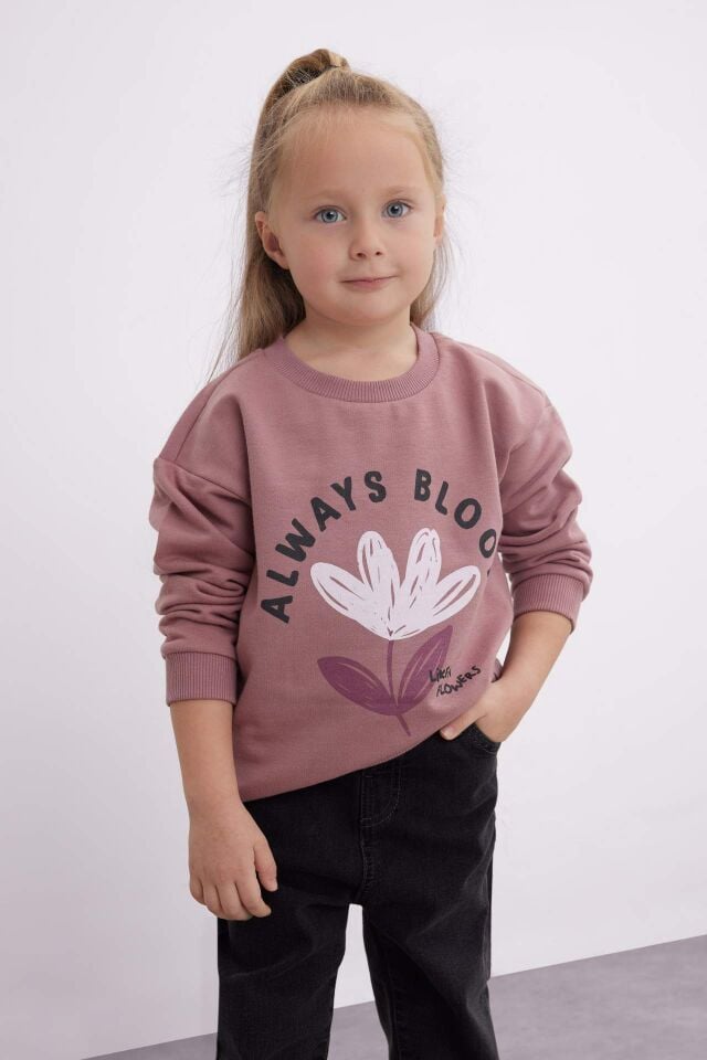 Kız Bebek Bisiklet Yaka Çiçekli Sweatshirt