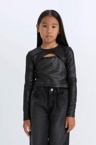 Kız Çocuk Slim Fit Dar Kesim Bisiklet Yaka Parlak Kumaş Fitilli Kaşkorse Uzun Kollu Tişört