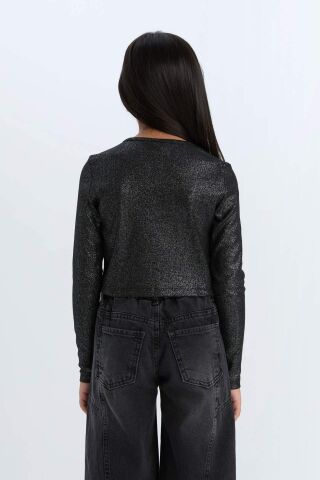 Kız Çocuk Slim Fit Dar Kesim Bisiklet Yaka Parlak Kumaş Fitilli Kaşkorse Uzun Kollu Tişört