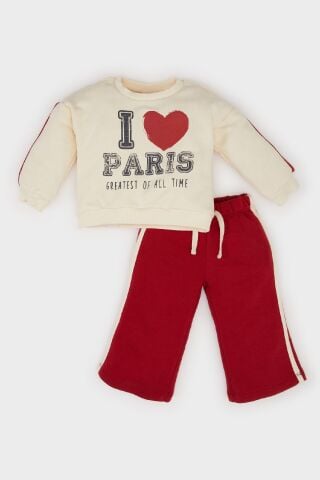 Kız Bebek 2'li Takım Bisiklet Yaka Baskılı Sweatshirt Beli Lastikli Eşofman Altı