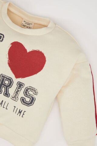 Kız Bebek 2'li Takım Bisiklet Yaka Baskılı Sweatshirt Beli Lastikli Eşofman Altı