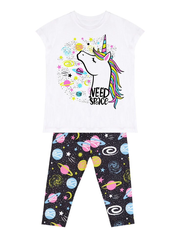 Uzayda Unicorn Kız Çocuk T-Shirt Tayt Takım 7 Y - Beyaz, Siyah