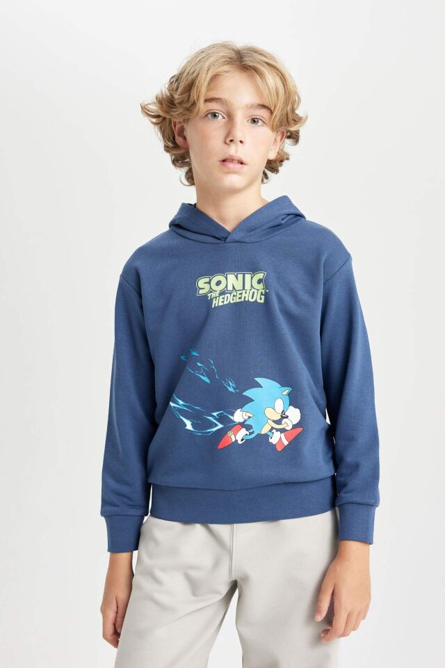 Erkek Çocuk Sonic the Hedgehog Kapüşonlu Sırt Baskılı Sweatshirt