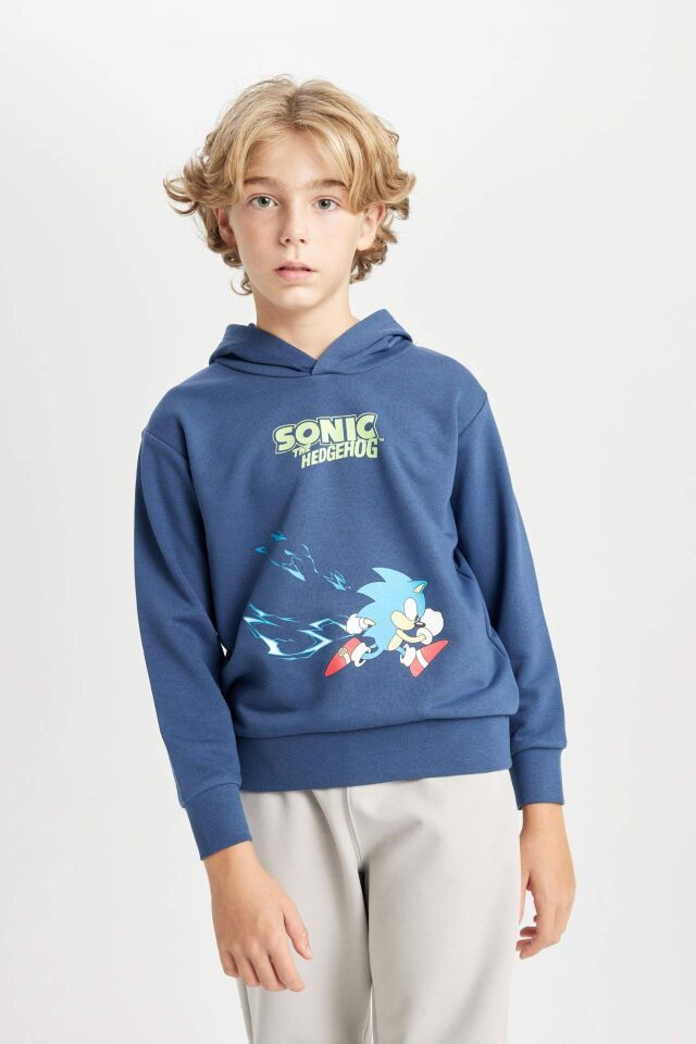 Erkek Çocuk Sonic the Hedgehog Kapüşonlu Sırt Baskılı Sweatshirt