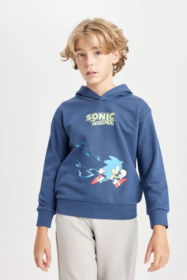 Erkek Çocuk Sonic the Hedgehog Kapüşonlu Sırt Baskılı Sweatshirt