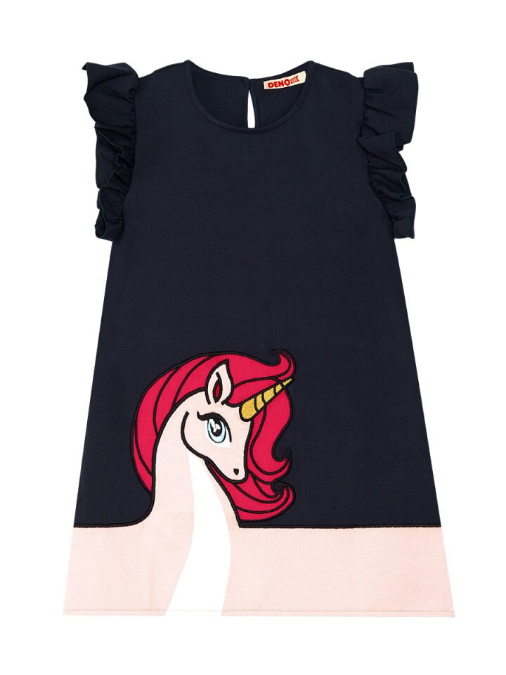 Unique Unicorn Kız Çocuk Elbise 7 Y - Lacivert Pembe