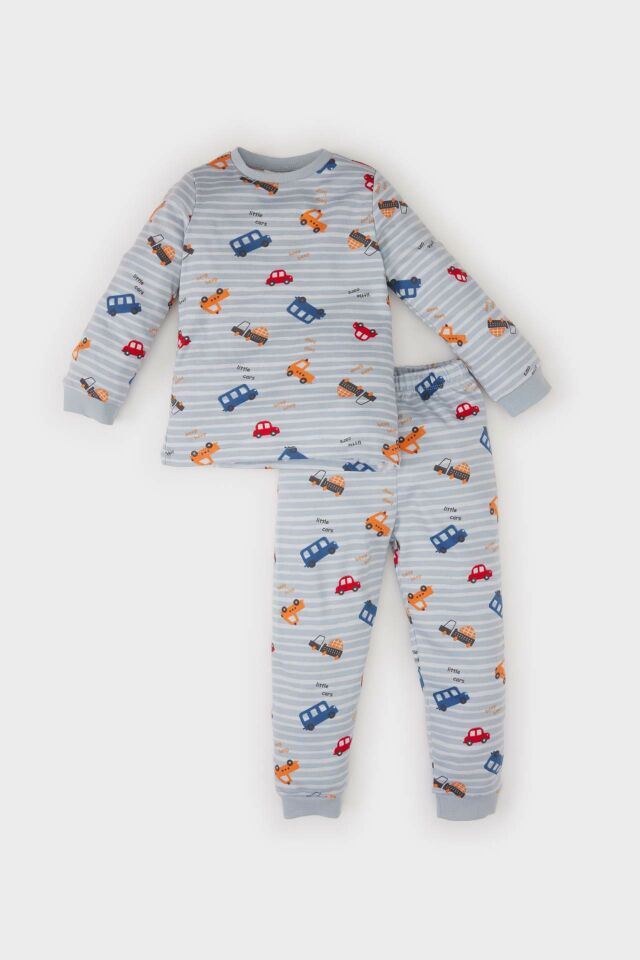 Erkek Bebek Pijama Takımı Bisiklet Yaka Araç Baskılı Uzun Kollu Üst Beli Lastikli Uzun Alt