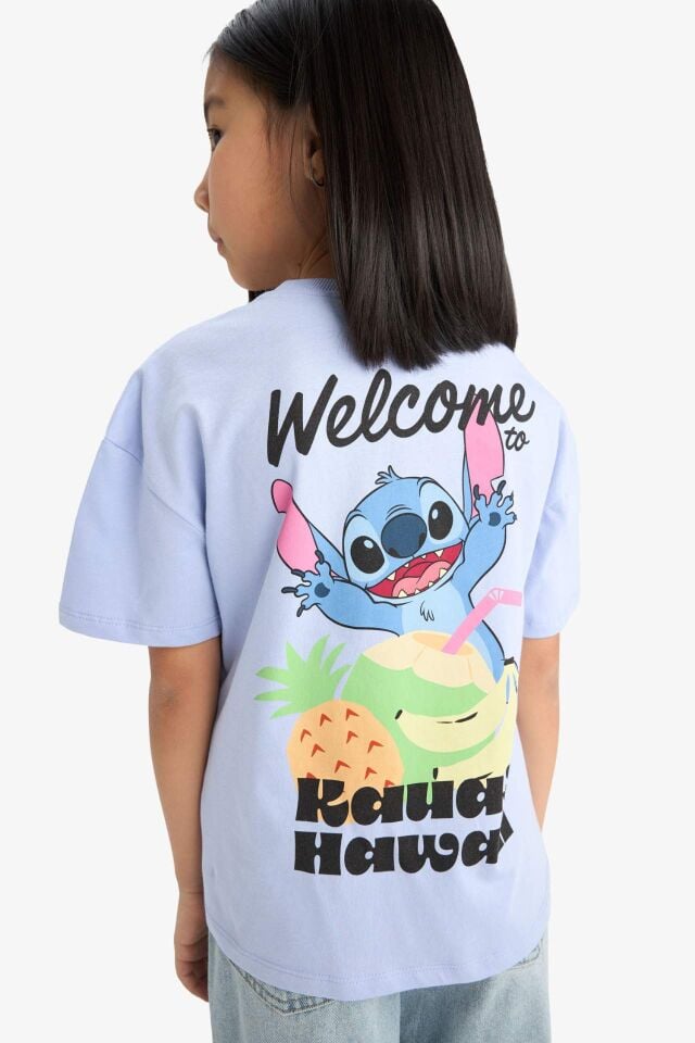 Kız Çocuk Disney Lilo & Stitch Bisiklet Yaka Sırt Baskılı Kısa Kollu Tişört