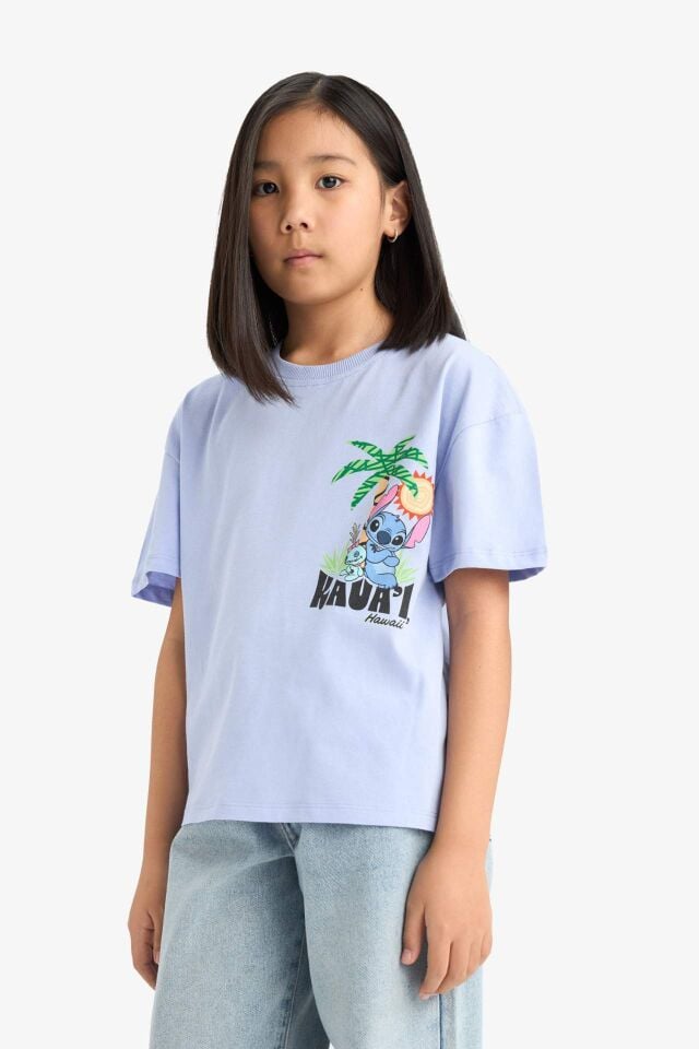 Kız Çocuk Disney Lilo & Stitch Bisiklet Yaka Sırt Baskılı Kısa Kollu Tişört