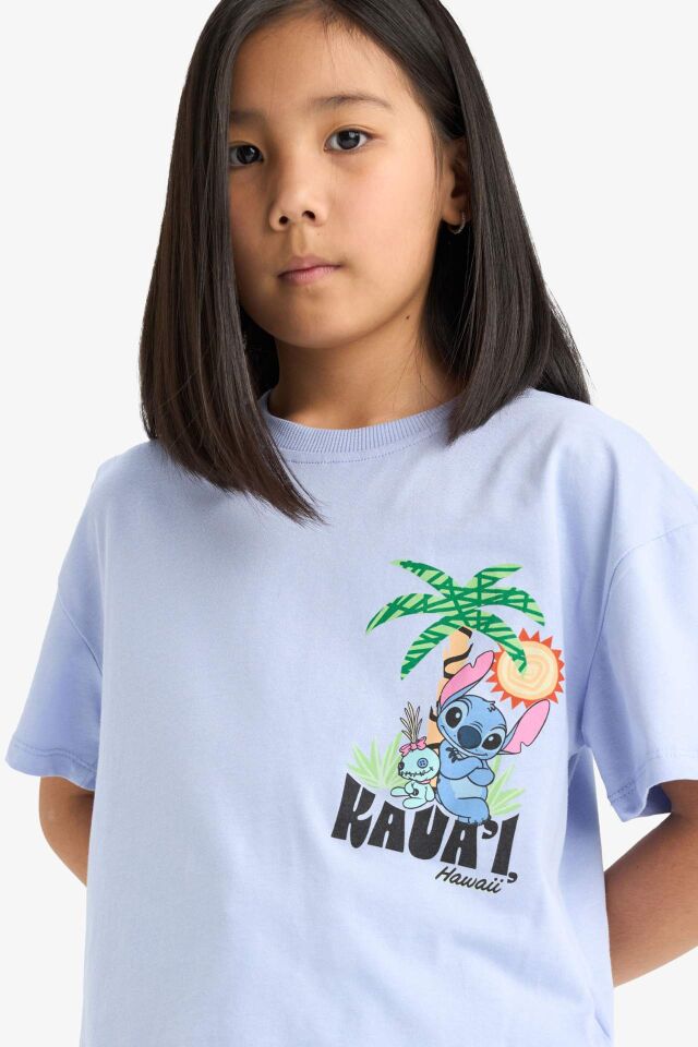 Kız Çocuk Disney Lilo & Stitch Bisiklet Yaka Sırt Baskılı Kısa Kollu Tişört