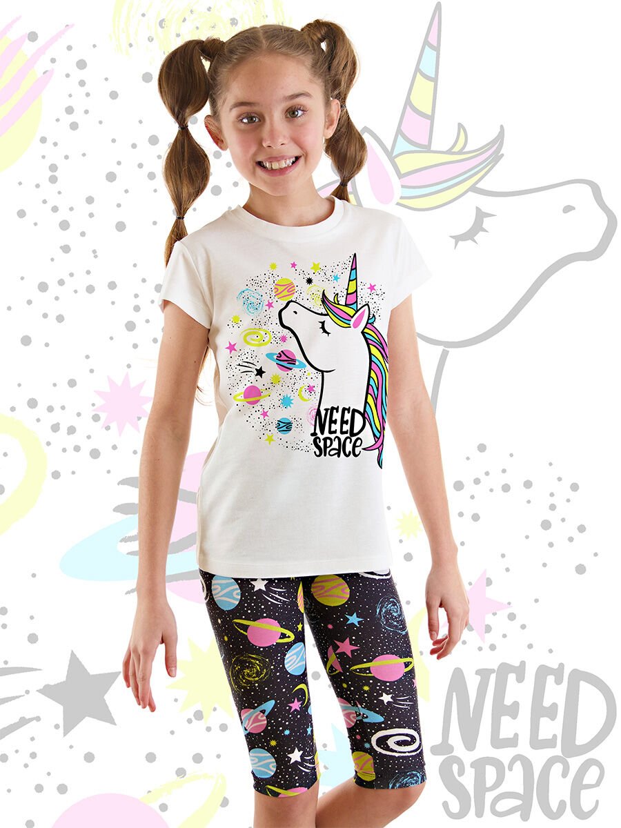 Uzayda Unicorn Kız Çocuk T-Shirt Tayt Takım 8 Y - Beyaz, Siyah