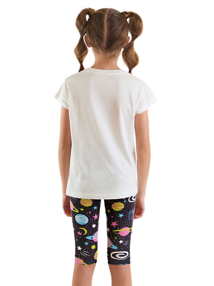 Uzayda Unicorn Kız Çocuk T-Shirt Tayt Takım 8 Y - Beyaz, Siyah