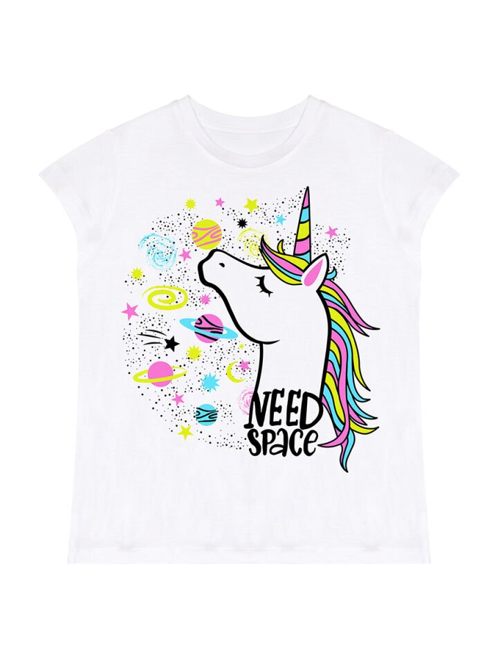 Uzayda Unicorn Kız Çocuk T-Shirt Tayt Takım 9 Y - Beyaz, Siyah