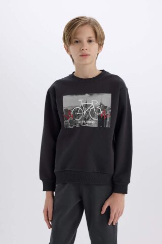 Erkek Çocuk Bisiklet Yaka Baskılı Kalın Sweatshirt