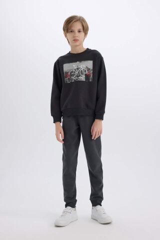 Erkek Çocuk Bisiklet Yaka Baskılı Kalın Sweatshirt