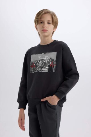 Erkek Çocuk Bisiklet Yaka Baskılı Kalın Sweatshirt