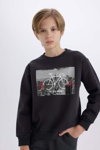 Erkek Çocuk Bisiklet Yaka Baskılı Kalın Sweatshirt