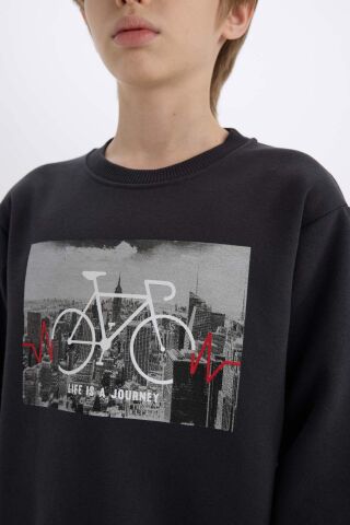 Erkek Çocuk Bisiklet Yaka Baskılı Kalın Sweatshirt