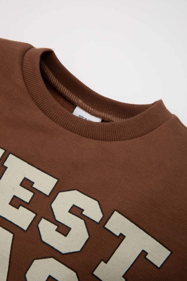 Erkek Bebek Bisiklet Yaka Baskılı İçi Yumuşak Tüylü İnce Sweatshirt