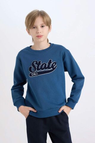 Erkek Çocuk Lacivert Bisiklet Yaka Nakışlı Kalın Sweatshirt
