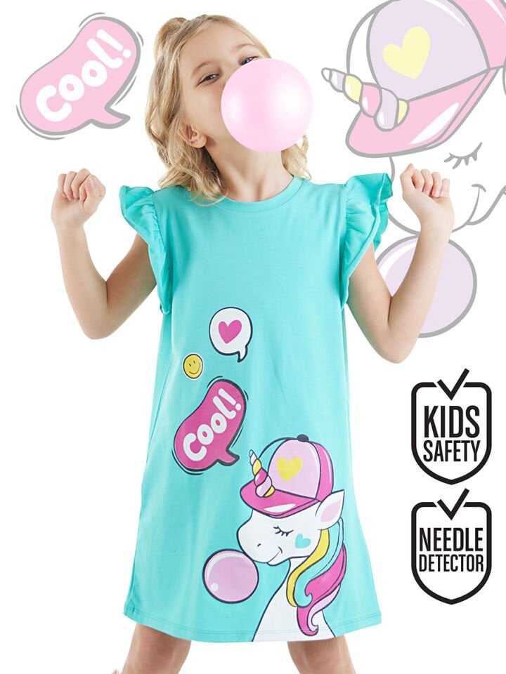Sakızlı Unicorn Kız Çocuk Turkuaz Elbise